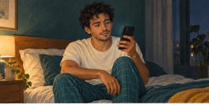 Ilustración de un joven sentado en la cama por la noche, mirando el móvil antes de dormir.