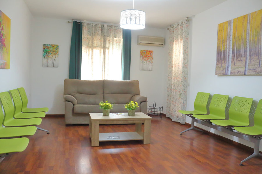 Sala de espera del centro, con sillones verdes, sofá y cuadros decorativos