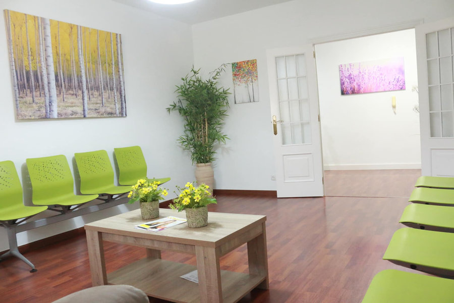 Sala de espera del centro vista desde otro ángulo, con plantas y acceso a los despachos