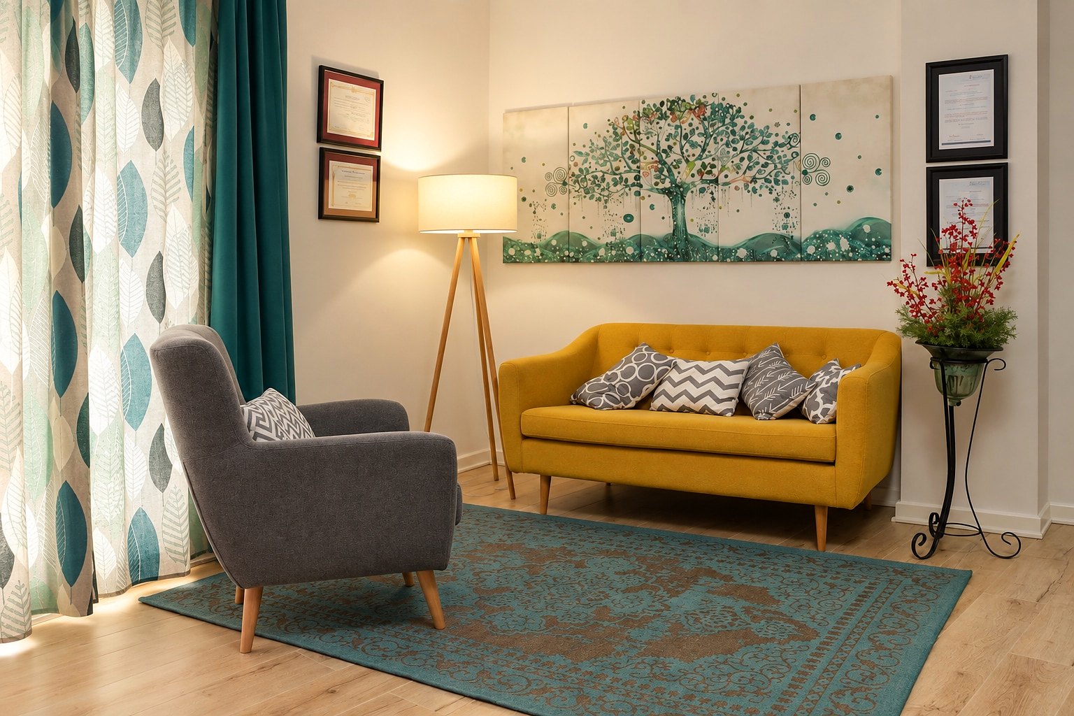 Sala de consulta del Centro Averroes en Montilla, con sofá mostaza, sillón gris y lámpara de pie