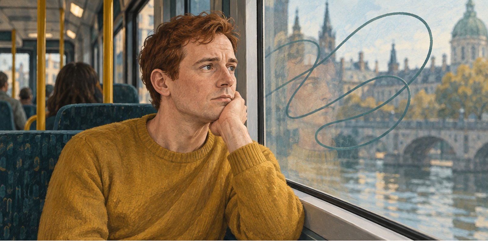 Ilustración de un hombre que mira por la ventanilla de un tren mientras un trazo en espiral representa los pensamientos que dan vueltas