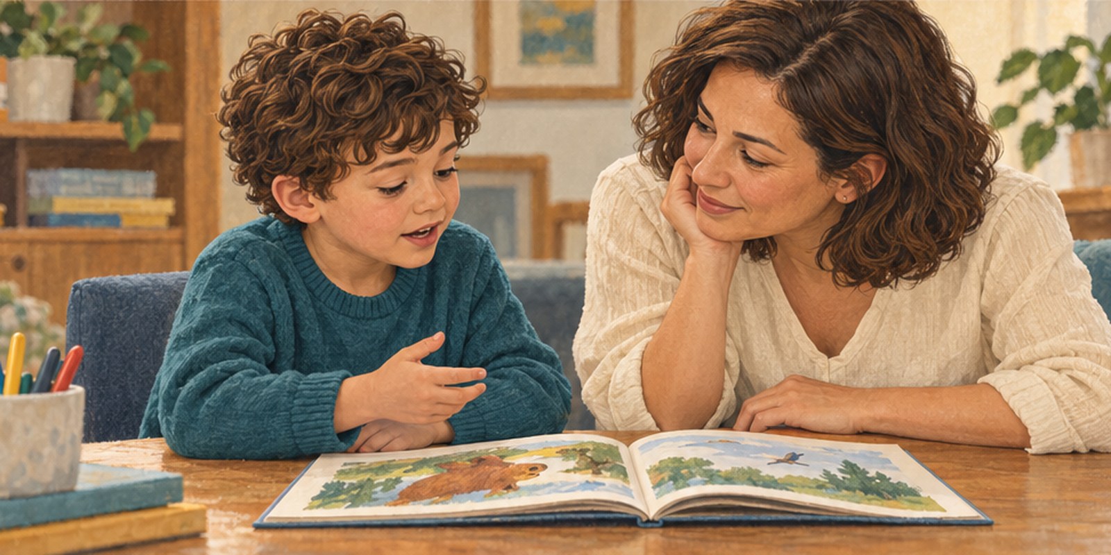 Ilustración de un niño que comparte un cuento con su madre en la mesa del salón; ella le escucha con calma y atención.