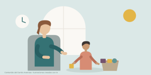 Ilustración creada con IA. Una madre sentada conversa con su hijo pequeño mientras recogen los juguetes; un reloj acompaña la escena de transición entre actividades.